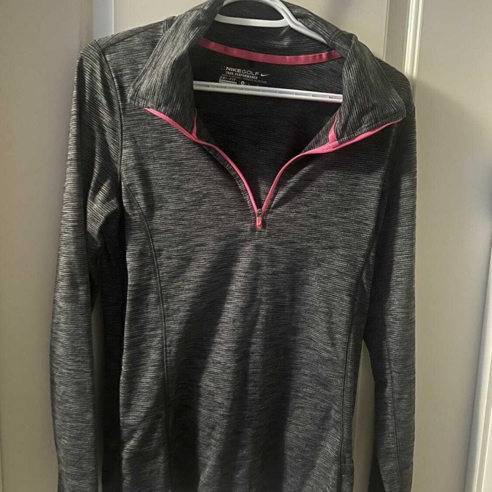Nike Gray and Pink Fitted Long Sleeve Polo Sweatshirt